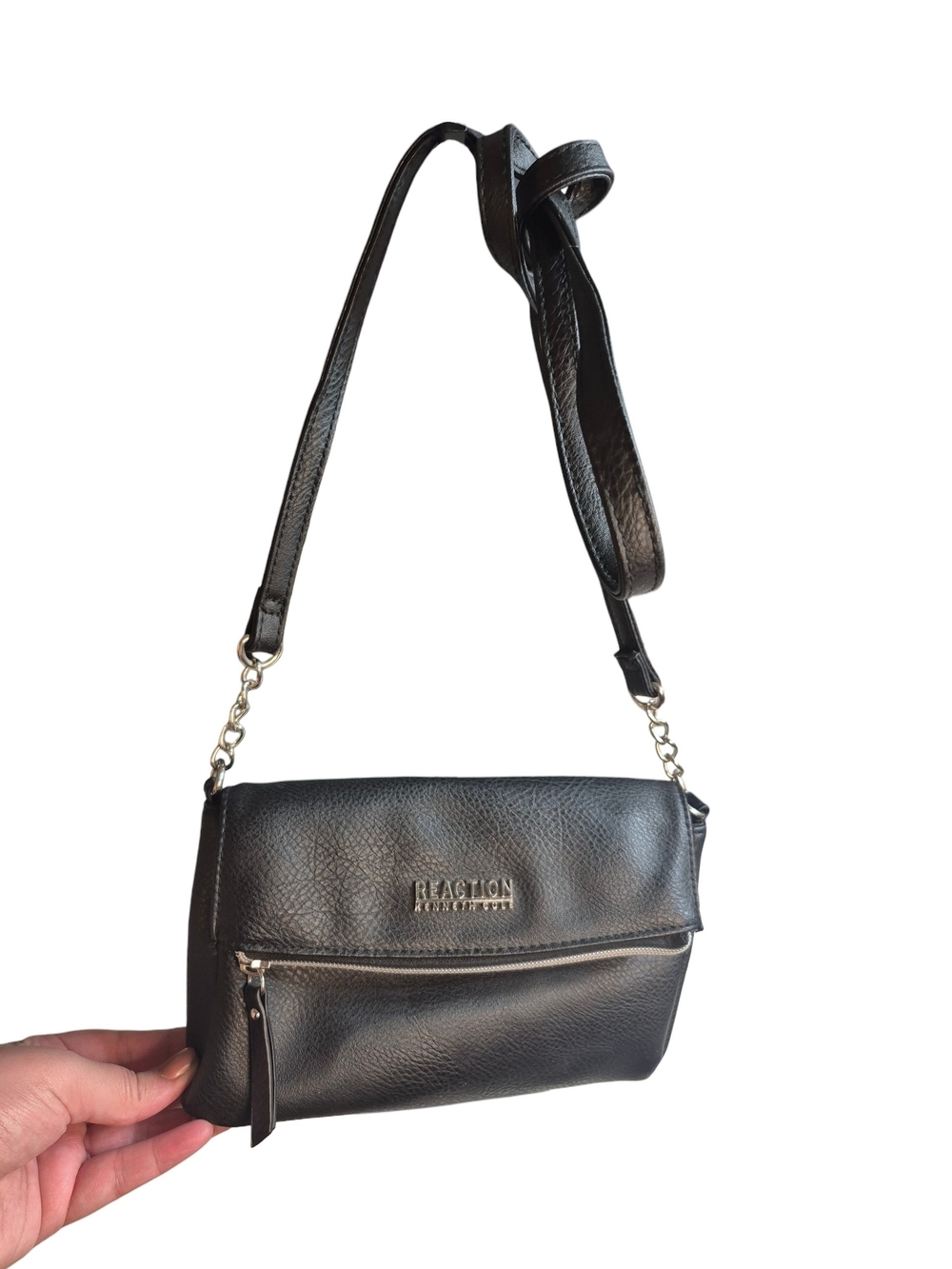 Kenneth Cole Reaction Black Pebbled Leather Chain-Accent Crossbody